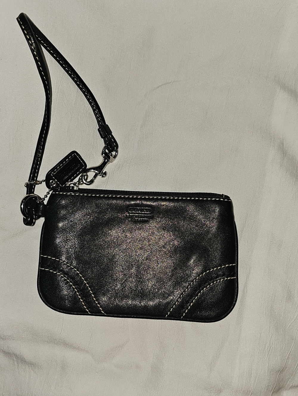 Coach Black Leather Wristlet Clutch with Contrast Stitching